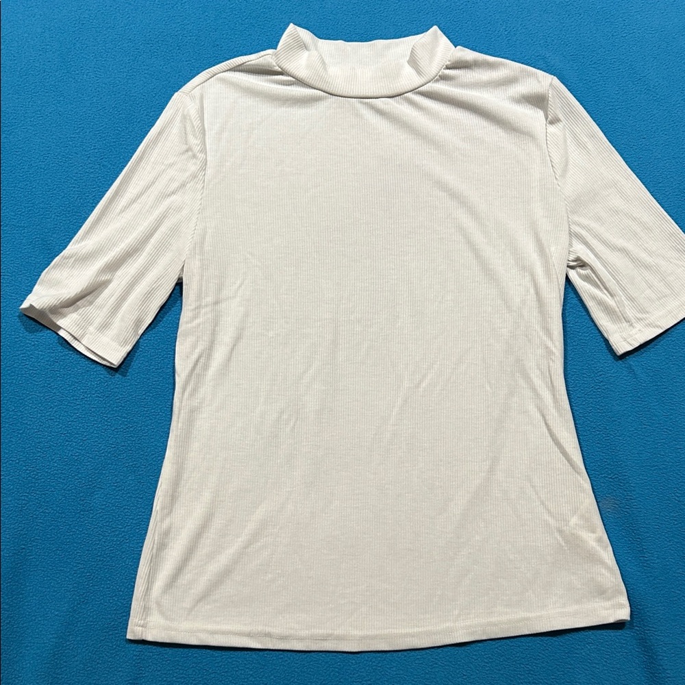 Nine West Cream Ribbed Mock Neck Short Sleeve Top